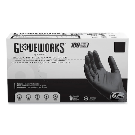 Gloveworks By Ammex Disposable Gloves, 6 mil Palm, Nitrile, Powder-Free, S, 1000 PK, Black GWBEN42100
